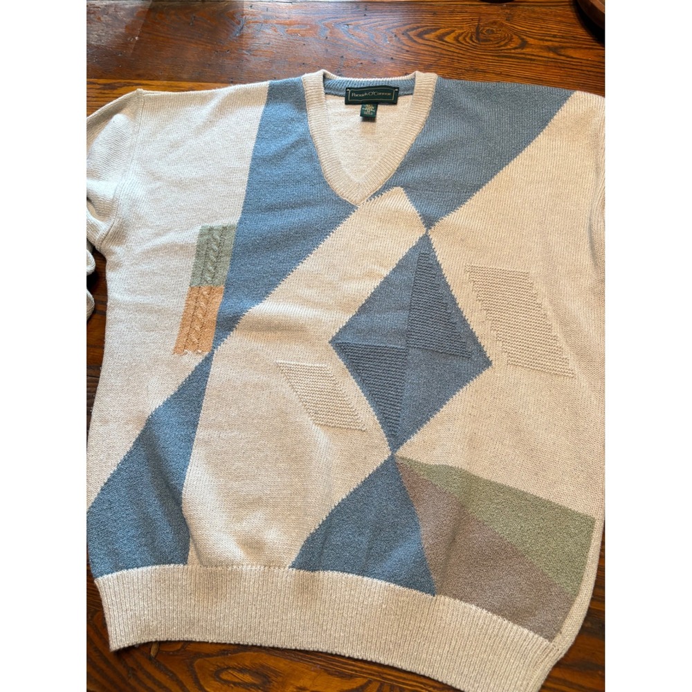 Patrick O'Connor Mens V-Neck Linen Cotton Geometric Knit Sweater Ireland Cream M - Picture 7 of 7